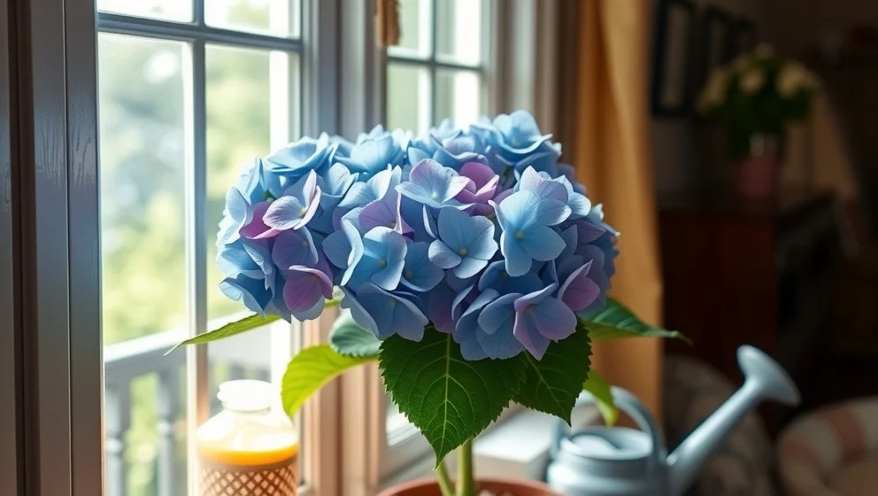 Hortensia i kruka inomhus hemma